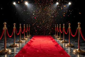 Red carpet event with golden stanchions and falling confetti velvet ropes spotlights