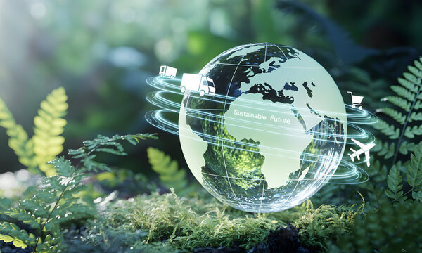 Eco-friendly global supply chain concept with a digital earth hologram and transport icons in a lush, green nature setting