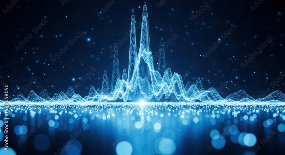 Poster vibrant blue digital sound wave visualization with shimmering particles and glowing bokeh effects cr