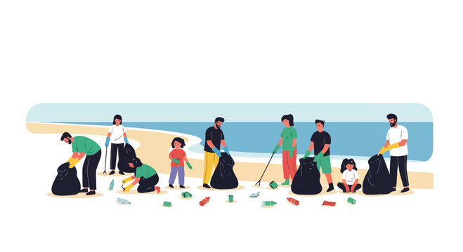 Illustrated Beach Cleanup Scene Depicting Community Engagement in Environmental Conservation and Volunteer Efforts, Suitable for Promoting Eco-Friendly Initiatives and Awareness Campaigns