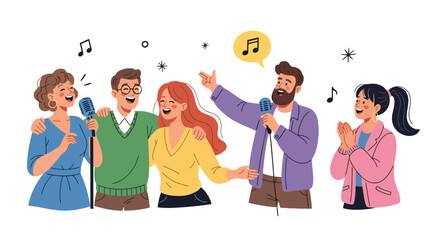 Joyful Karaoke Night Illustration Showcasing Group Singing and Musical Entertainment for Social Gatherings, Events, and Promoting Community Engagement and Celebratory Occasions.
