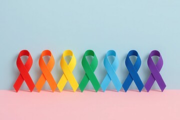 A vibrant array of rainbow-colored ribbons symbolizing diversity and unity stands against a calming blue backdrop, representing hope and solidarity in the fight against various challenges