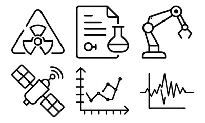 Science and Laboratory Line Icons Chemistry, Physics, Biology, Space, Robotics, Data, and Medical Vector Icon Set for Education, Research, and STEM Projects