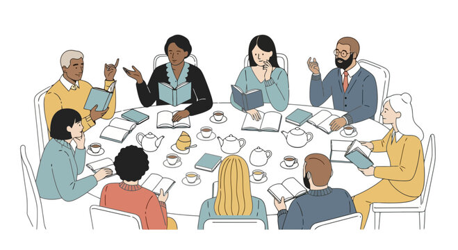 Diverse Reading Club Illustration Engaging in Book Discussion Over Tea, Depicting Community, Intellectual Pursuits, and Social Connection, Ideal for Educational Resources and Cultural Projects.