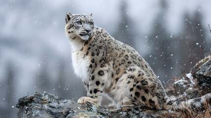 Obraz premium Snow leopard (Panthera uncia) perched gracefully on a rugged rocky ledge in its mountainous habitat