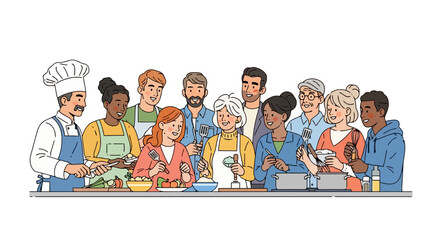 Engaging Cooking Class Illustration Featuring Diverse Participants and a Chef, Ideal for Promoting Culinary Education and Interactive Cooking Workshops