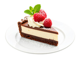 Slice of layered chocolate cheesecake tart with fresh raspberries mint and whipped cream.