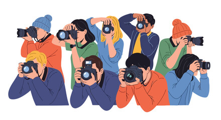 Enthusiastic Group of Photographers Capturing Moments with DSLR Cameras, Ideal for Illustrating Photography Courses, Travel Journalism, or Creative Arts Workshops and Photography Events