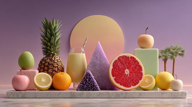 Pastel 3D Fruit Still Life with Geometric Shapes