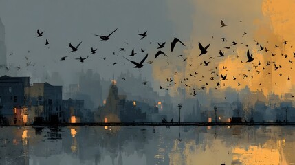 A flock of birds silhouetted against the vibrant colors of a sunset over a bustling city skyline with the tranquil reflection of the scene mirrored in the calm waters below