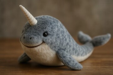 Obraz premium A charming plush narwhal with its distinctive horn sits serenely on a wooden surface, exuding an endearing aura of tranquility