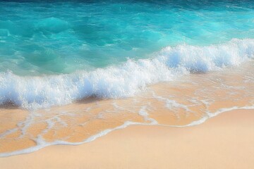 Gentle turquoise ocean waves softly crashing onto smooth beige sandy beach under bright daylight