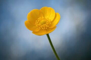 Obraz premium A single vibrant yellow flower stands out against a serene blue sky, symbolizing hope and resilience in a tranquil setting