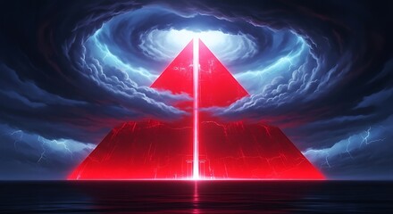 Mystical Red Pyramid on Water Under Dramatic Cloudy Sky with Lightning Bolts and Eerie Glow Creating a Sci Fi Scene