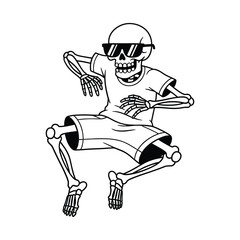 A skeleton wearing sunglasses is dancing, isolated on white background