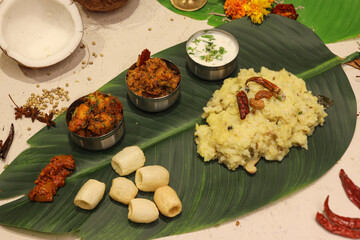 Ven Pongal Khara Pongal with Sambar coconut Chutney popular Indian breakfast food Tamil Nadu festival Pongal Sankranti Diwali spicy pongal prepared with rice lentil semolina rava South India