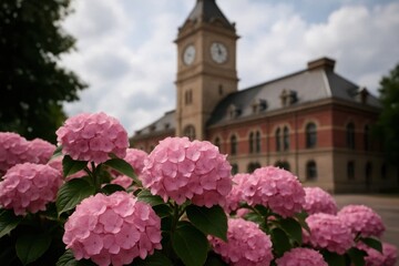Amidst the tranquil embrace of nature, a majestic clock tower stands tall in the background, while pink hydrangeas bloom in the foreground, creating a harmonious blend of urban and natural beauty
