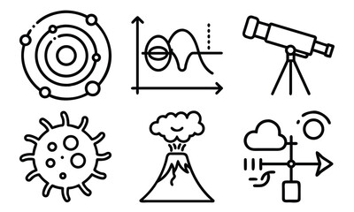 Science and Laboratory Line Icons Chemistry, Physics, Biology, Space, Robotics, Data, and Medical Vector Icon Set for Education, Research, and STEM Projects
