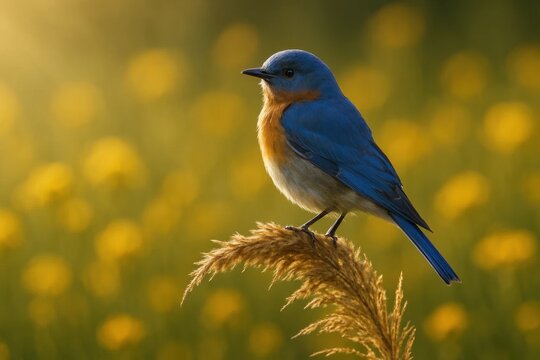 A serene moment captured as a bluebird perches on a golden reed amidst a field of vibrant yellow flowers, basking in the warm glow of sunlight