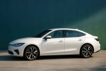 A White Sedan Poised on a Concrete Canvas