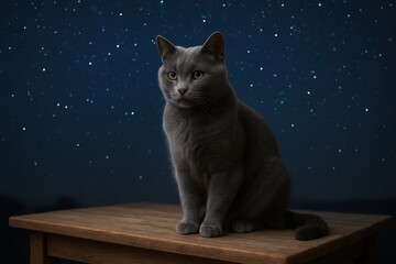 Amidst the cosmic canvas of starry night, a solitary gray cat sits with an air of quiet contemplation, its gaze fixed on the infinite expanse above