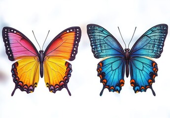 Two vividly colored butterflies with intricate wing patterns, one orange and pink, the other blue, displayed on a bright white background evoking a sense of beauty and delicacy