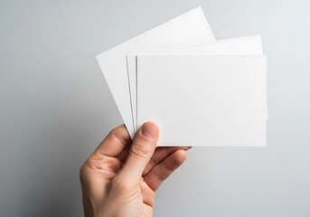 Fototapeta premium Hand holding several blank white cards against a neutral background providing space for text or image