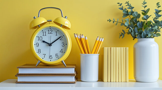 Yellow alarm clock with pencils books and vase image