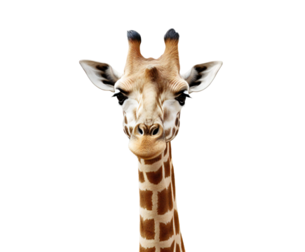 Closeup portrait of a giraffes head and neck isolated on transparent background