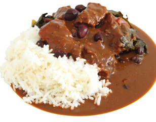 Savory beef stew with red kidney beans and greens served alongside a portion of fluffy white rice.