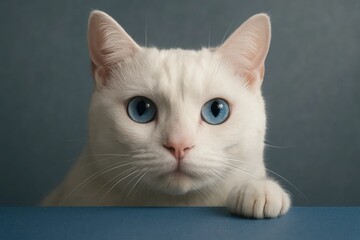 A white cat with striking blue eyes peeks over a blue surface