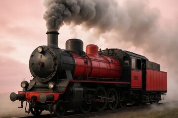 Naklejka premium A steam locomotive chugs along a misty track, its powerful engine billowing smoke into the air