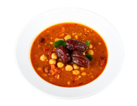 A bowl of hearty chickpea and date soup in a rich red broth garnished with fresh parsley.