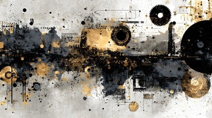 A striking abstract composition with a futuristic industrial aesthetic featuring mechanical gears circuitry and other technological symbols against a grungy textured background