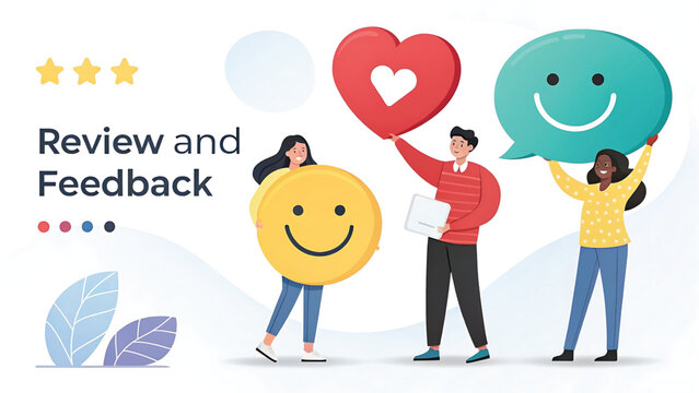 Customer feedback and satisfaction survey illustration with diverse team and positive emotions icons promoting service excellence and brand reputation building