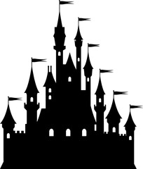 Obraz premium Black Silhouette Of Castle With Towers And Flags Against White Backdrop