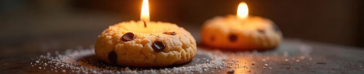 A deliciously aromatic candle shaped like a charming cookie, perfect for adding a cozy touch to any home The realistic detail and warm glow create a comforting ambiance , cinnamon, comfort