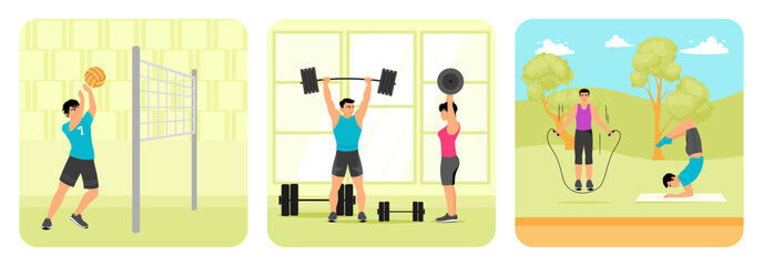 Fototapeta premium Athlete Playing Volley Ball. Fitness Training with Weightlifting. Jump Rope and Yoga Exercise.