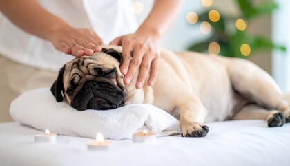 woman body massage and face massage spa to a dog pug breed feeling so comfortable and relaxation dog sleep and rest with owner Selective Focus Spa dog Concept. Pampered pet canine getting