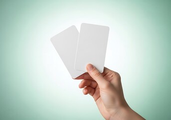 A hand holding two blank white cards against a light green background for business or personal use