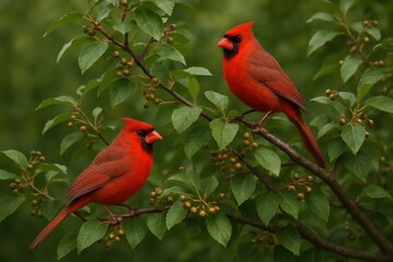 Two vibrant red cardinals perched on a lush green branch, embodying the spirit of autumn in nature