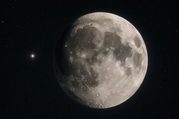 Fototapeta premium A lone star shines brightly in the vast expanse of space, casting a soft glow on the moon's surface as it orbits our celestial home