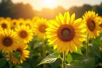 Obraz premium A field of sunflowers glistening under the sunlight, their petals catching the light like tiny sparkles A vibrant summer scene full of joy and natural beauty , petals, happy, sparkle