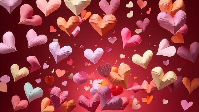 A Burst of Colorful Paper Hearts Floating Upwards on a Red Background