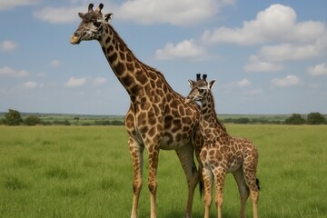 Obraz premium two majestic giraffes stand tall against a backdrop of endless green fields under a vast blue sky, embodying the beauty and grace of wildlife