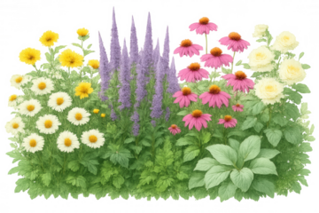 Vibrant garden scene featuring blooming daisies, coneflowers, and lavender against neutral background
