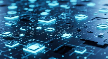 Abstract digital circuit board with glowing blue components representing advanced technology and data flow