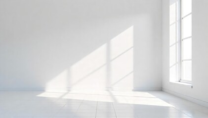 Obraz premium A minimalist scene featuring a bright white room with stark shadows and sunlight streaming through a window, creating a clean and airy atmosphere , architecture, blank