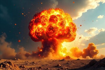 A powerful bomb explosion creates a massive shockwave and fireball, sending debris and smoke billowing into the air The destructive force is clearly visible in this dramatic image , damage, ruin