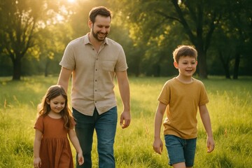 A Father and His Children Enjoy a Sunlit Walk in the Park